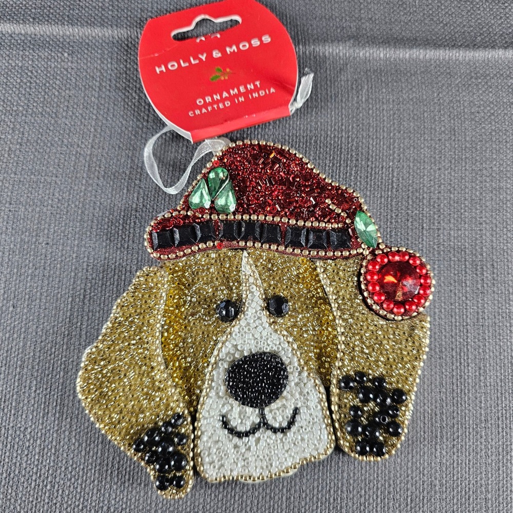 Holly & Moss Beaded Dog Christmas Ornament Santa Hat Beagle‎ Festive Holiday